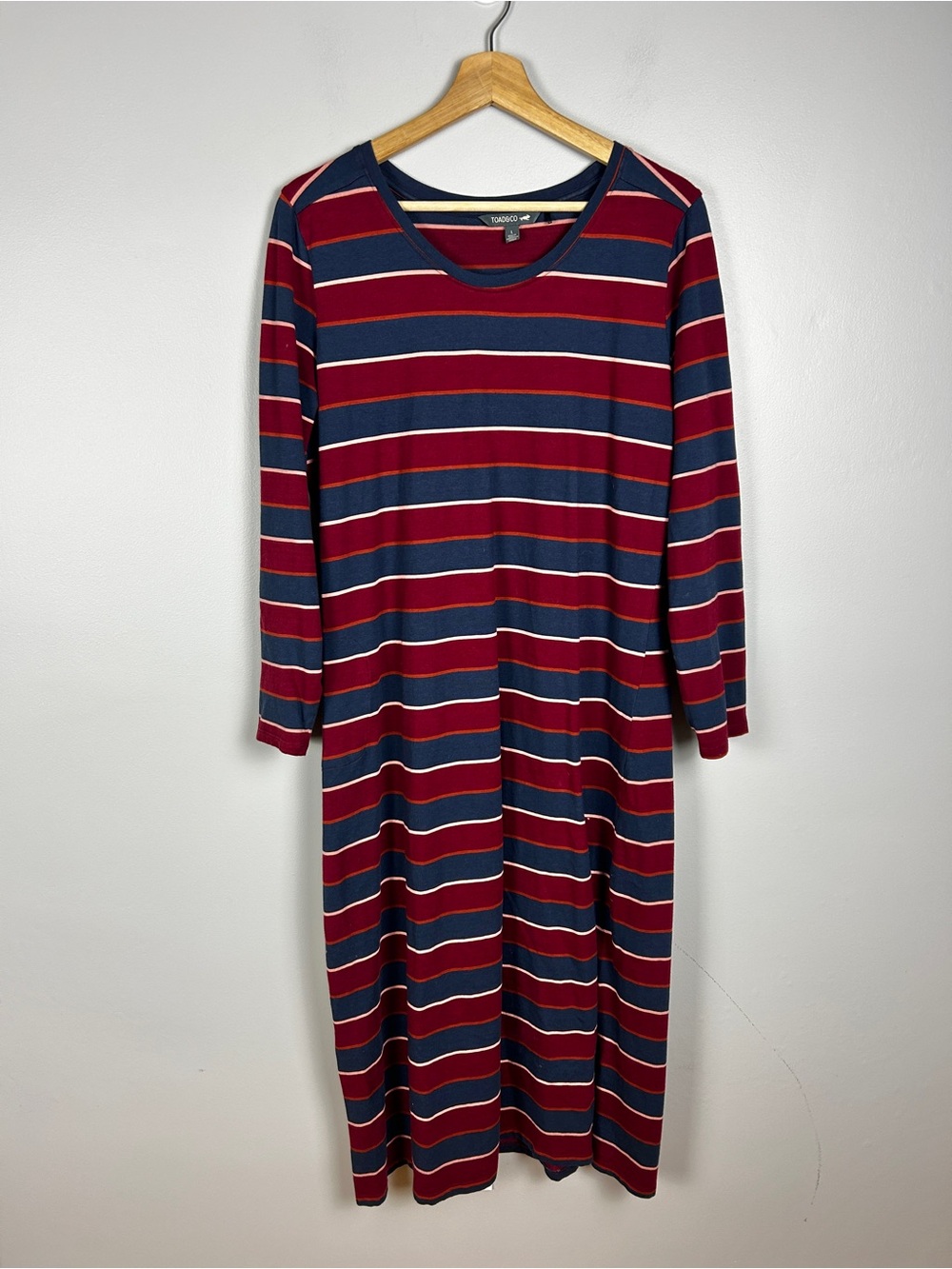 TOAD & CO Striped Maxi Dress with Zip Pocket Large Navy Burgundy Organic Cotton